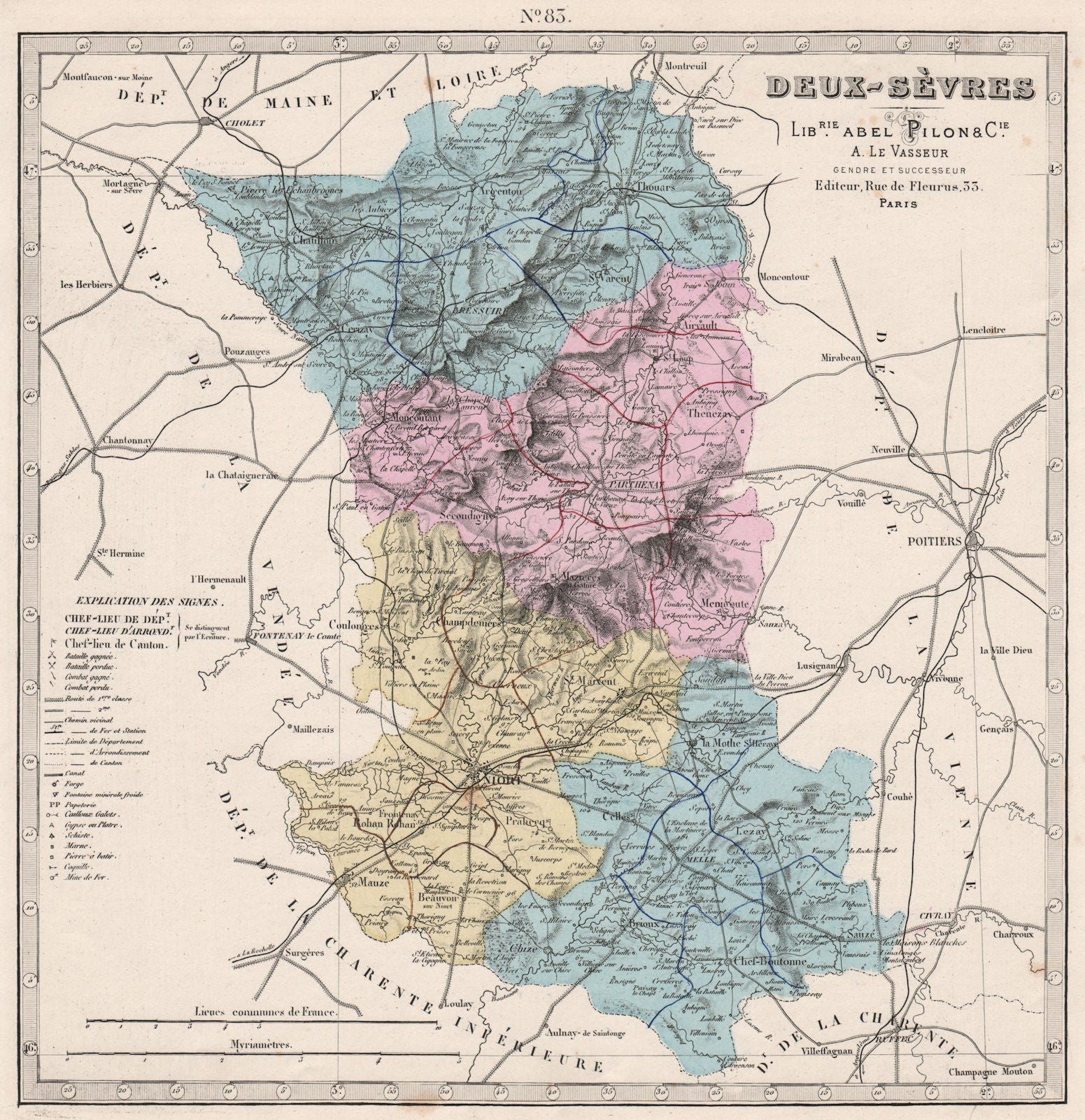 DEUX-SÈVRES department. Battles/dates, resources & minerals. LE VASSEUR 1876 map
